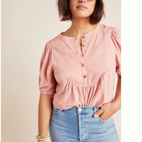 Anthropologie Tops - Anthropologie Elinor Textured Top Puff Sleeve Blouse in Pink